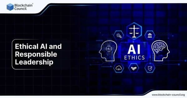 A digital illustration with icons of balance scales, handshake, and neural networks surrounding the text “AI Ethics,” symbolizing responsible AI development and leadership.