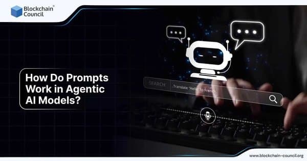 A digital chat interface displays a robot icon with speech bubbles and a search bar showing prompt examples, symbolizing prompt engineering in Agentic AI models.