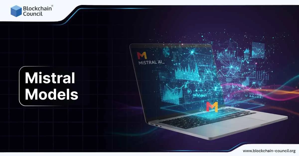 Laptop with holographic data charts and graphs, featuring Mistral AI models for advanced machine learning applications.