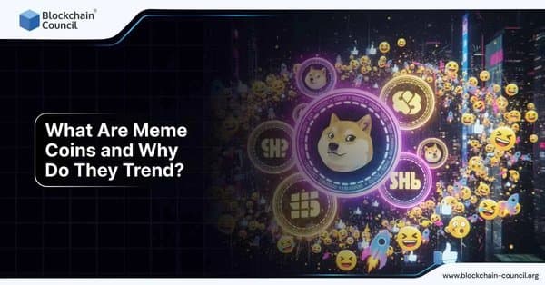 Dogecoin surrounded by emojis and meme visuals, representing the popularity and trends of meme coins in the crypto world.