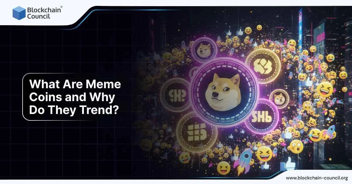 Dogecoin surrounded by emojis and meme visuals, representing the popularity and trends of meme coins in the crypto world.