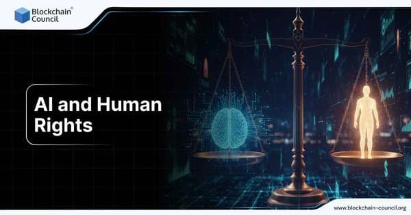 Futuristic balance scale comparing a glowing human figure on one side with a digital brain on the other, symbolizing the relationship between AI and human rights.
