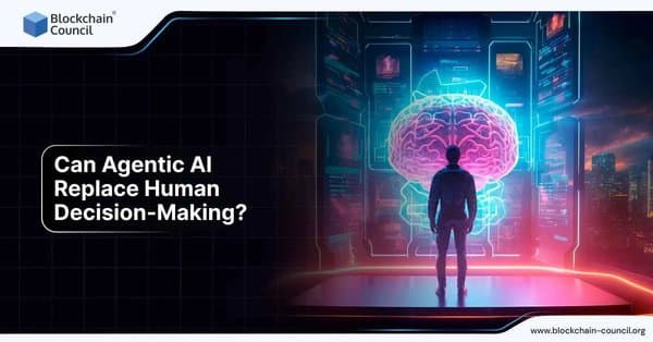 A man stands before a large glowing holographic brain inside a futuristic control room, symbolizing the growing influence of Agentic AI in replicating human decision-making.