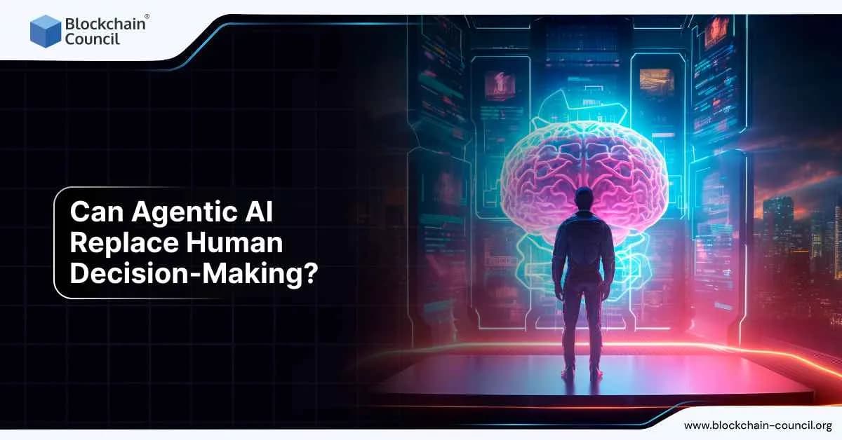 A man stands before a large glowing holographic brain inside a futuristic control room, symbolizing the growing influence of Agentic AI in replicating human decision-making.