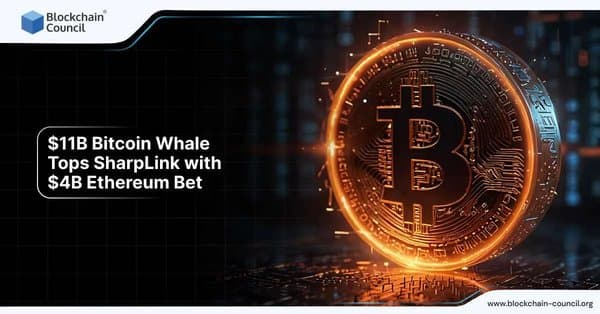 Image of a glowing Bitcoin coin with the text "$11B Bitcoin Whale Tops SharpLink with $4B Ethereum Bet" showcasing major cryptocurrency bets by a Bitcoin whale.