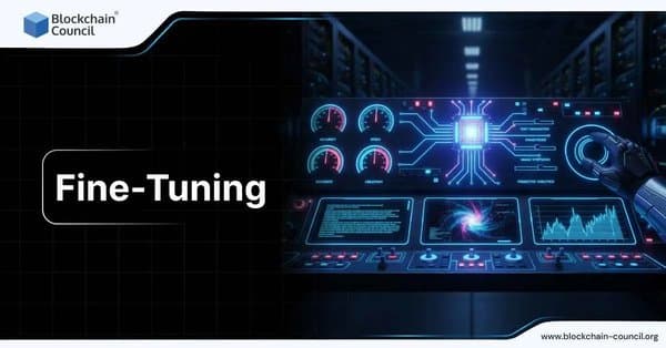 Futuristic AI control panel with glowing dials, graphs, and a central chip illustration symbolizing fine-tuning of artificial intelligence models, accompanied by the text 'Fine-Tuning.'