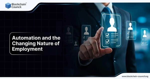 A professional interacts with holographic employee profiles and checklists, symbolizing how automation is transforming job structures and employment models.