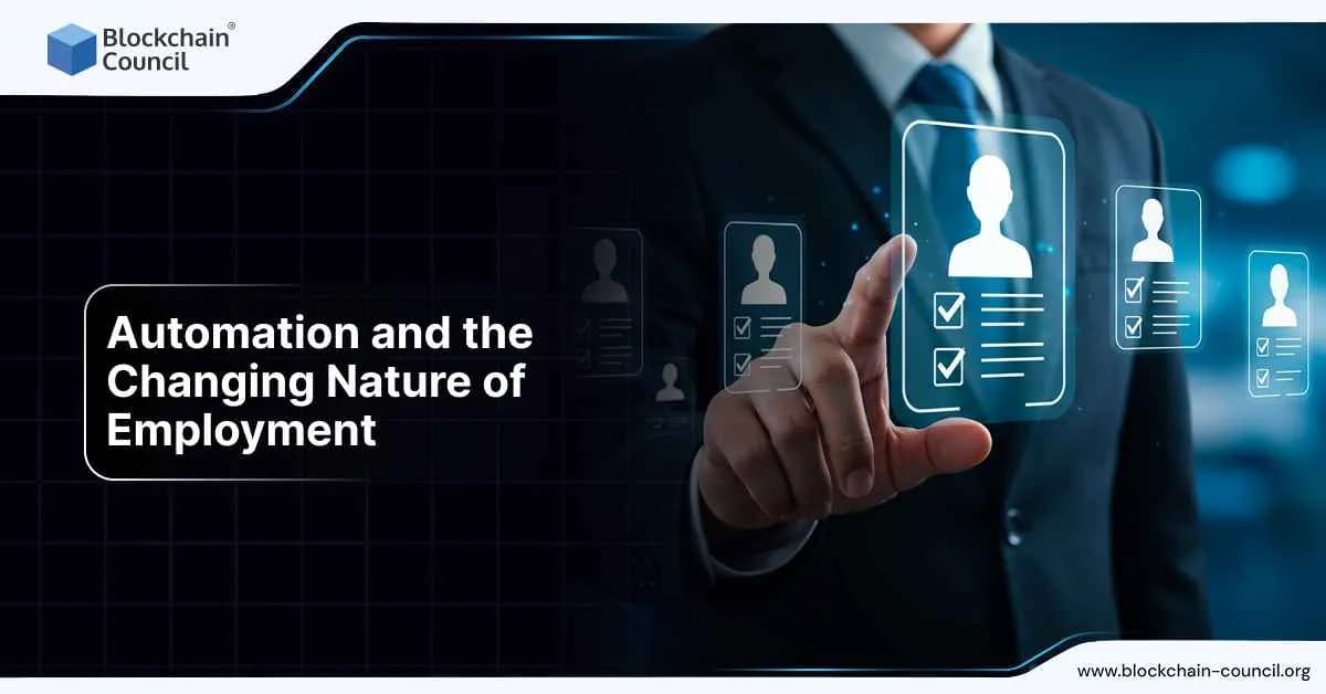 A professional interacts with holographic employee profiles and checklists, symbolizing how automation is transforming job structures and employment models.