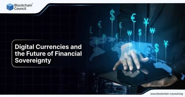 A businessman interacts with a digital tablet projecting glowing currency symbols like dollar, euro, yen, and pound across a world map, representing the global rise of digital currencies and financial independence.