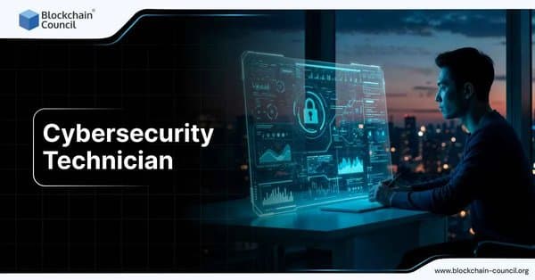 Cybersecurity technician analyzing data on futuristic digital dashboard with secure lock icon.