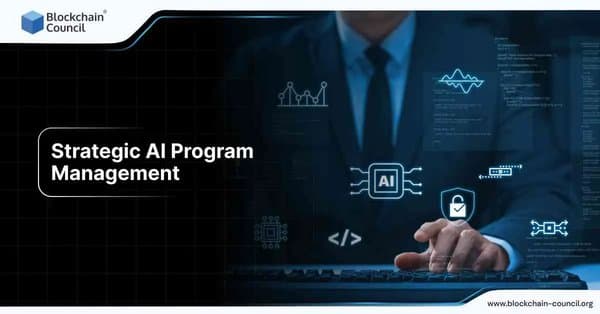 A professional analyzing AI data with futuristic visuals on a computer screen, symbolizing strategic AI program management in the business world.