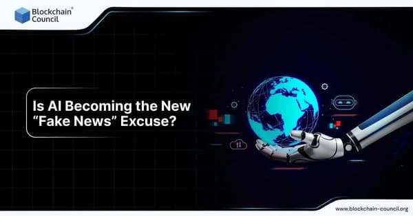 A robotic hand holding a globe with digital elements, questioning if AI is being used as an excuse for fake news in the digital age.