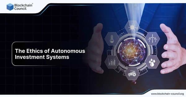 A professional in a suit presents a glowing holographic sphere surrounded by icons of sustainability, finance, and data analytics, representing ethical considerations in AI-driven autonomous investment systems.