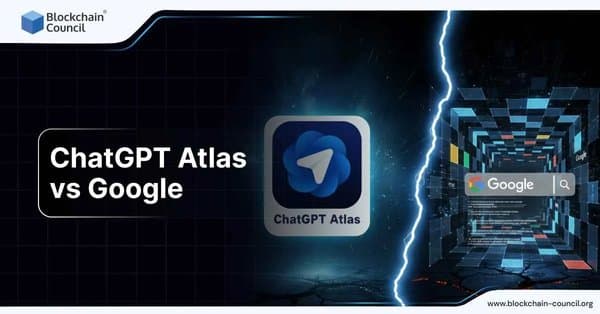 A comparison visual showing the ChatGPT Atlas logo on one side and the Google search interface on the other, divided by a glowing lightning crack.
