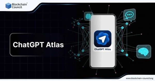 A smartphone displaying the ChatGPT Atlas logo, surrounded by digital icons representing AI, communication, and neural networks.