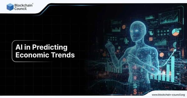 Digital humanoid figure with glowing data charts and graphs, highlighting how AI can forecast economic trends.