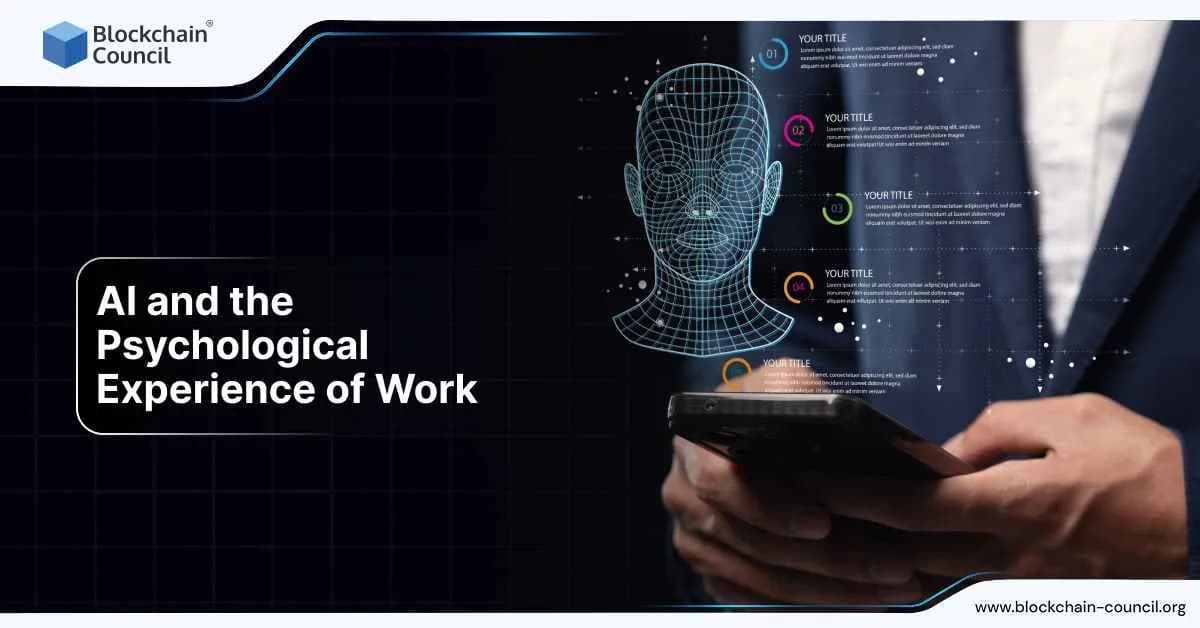 A businessman holds a smartphone as a holographic wireframe head and data visualization appear in front of him, symbolizing how Artificial Intelligence interacts with human psychology and workplace behavior.