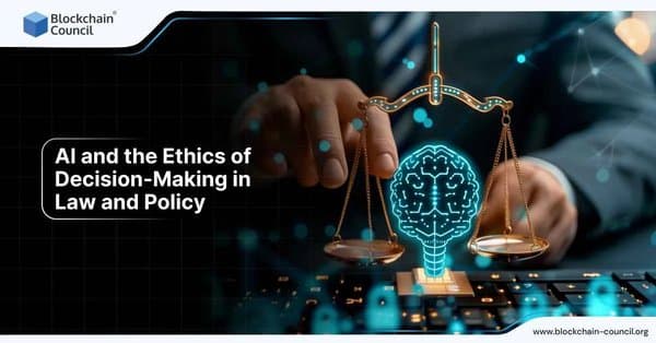 A hand adjusting a balance scale with a glowing brain and AI symbols, symbolizing the ethics of AI decision-making in law and policy-making.