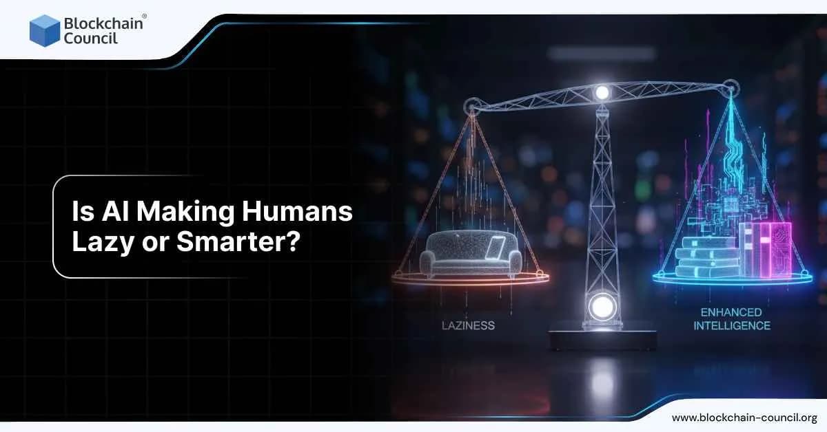 A digital balance scale compares “Laziness” on one side, represented by a glowing couch, and “Enhanced Intelligence” on the other, represented by books and circuitry.