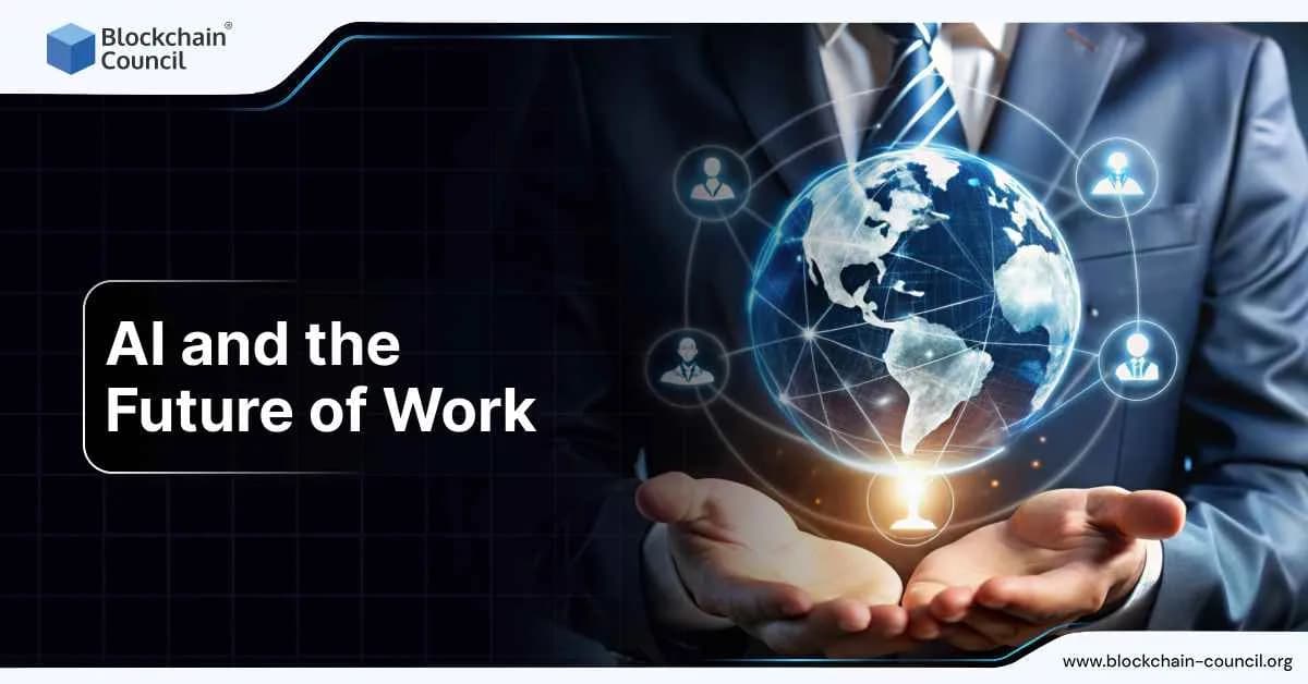 A businessman holds a glowing holographic globe connected by digital lines to people icons, representing AI’s role in shaping the future of global work.