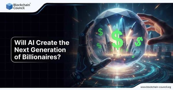 Futuristic illustration of a robotic hand and a human hand reaching towards a glowing crystal sphere containing skyscrapers, rockets, and green dollar symbols.