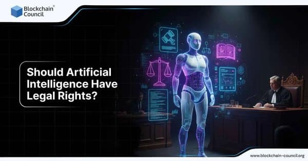 A humanoid AI robot stands in a courtroom facing a judge, surrounded by holographic icons of justice scales, law books, and data charts.