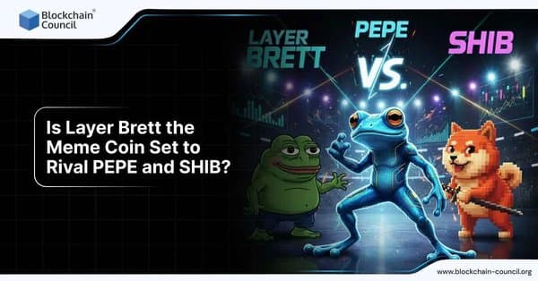 A vibrant digital illustration featuring three iconic meme coin characters: Brett, a futuristic blue frog; PEPE, the classic green meme frog; and SHIB, the pixelated Shiba Inu dog. They appear in a face-off under glowing lights with trading charts in the background.