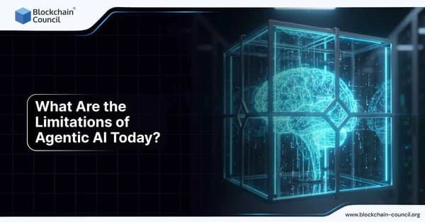 Futuristic digital brain glowing inside a transparent cube, symbolizing the challenges and current limitations of Agentic AI, with the text 'What Are the Limitations of Agentic AI Today?'