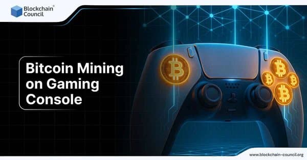 A gaming console and controller integrated with blockchain visuals and Bitcoin icons, symbolizing crypto mining on gaming devices.