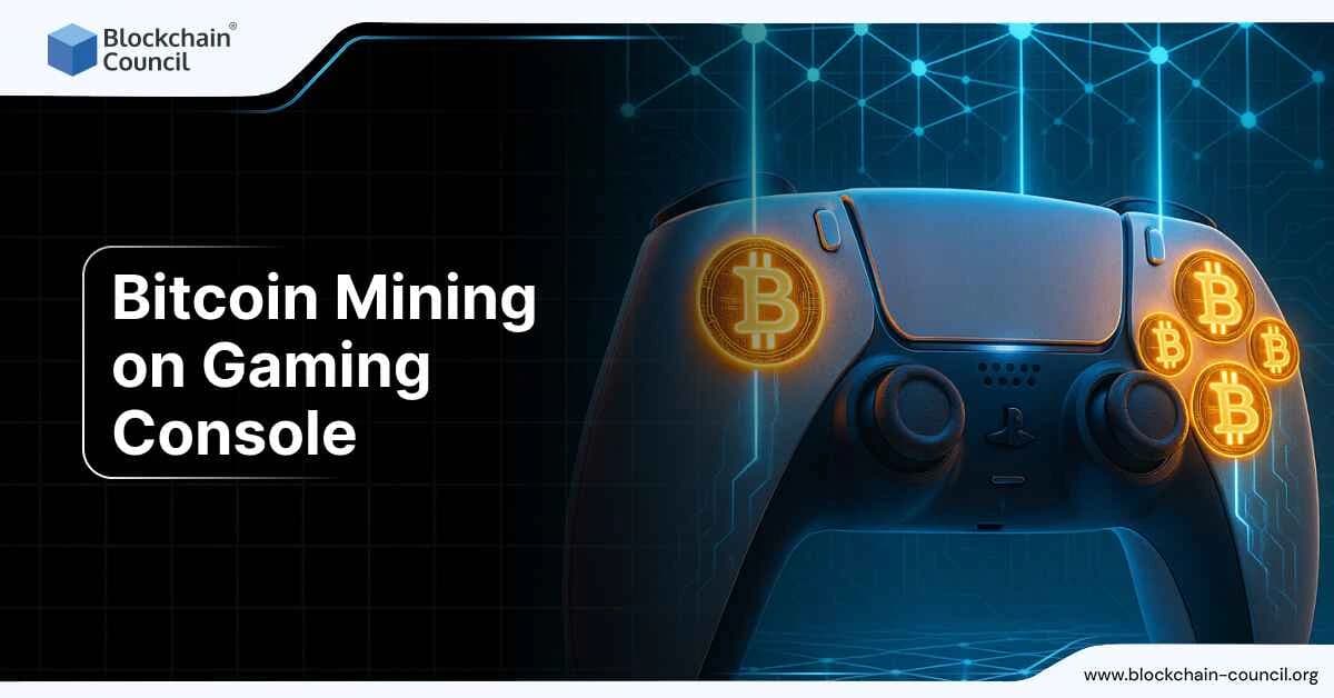 A gaming console and controller integrated with blockchain visuals and Bitcoin icons, symbolizing crypto mining on gaming devices.