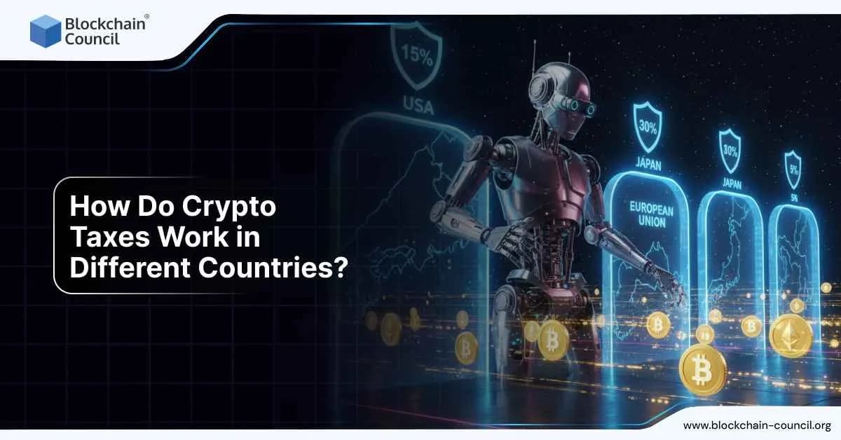 A humanoid robot analyzing global crypto tax rates with country-specific percentages displayed, symbolizing crypto taxation across nations.