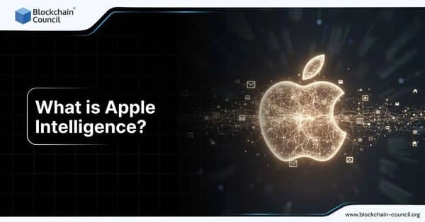 Glowing Apple logo made of interconnected digital lines and icons, representing Apple Intelligence technology.