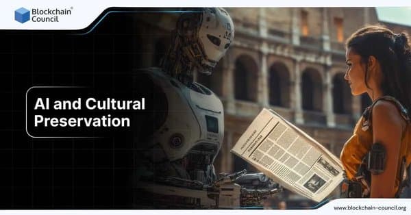 umanoid robot handing a newspaper to a woman in a historical setting, symbolizing AI’s role in cultural preservation and safeguarding heritage.