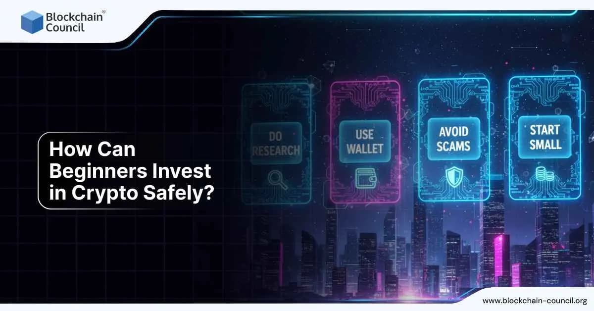 Digital neon cards with tips like do research, use wallet, avoid scams, and start small, guiding beginners on safe crypto investing.