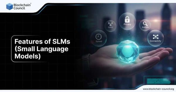Hand holding a glowing crystal with icons for speed, privacy, analysis, and connectivity, symbolizing features of Small Language Models.