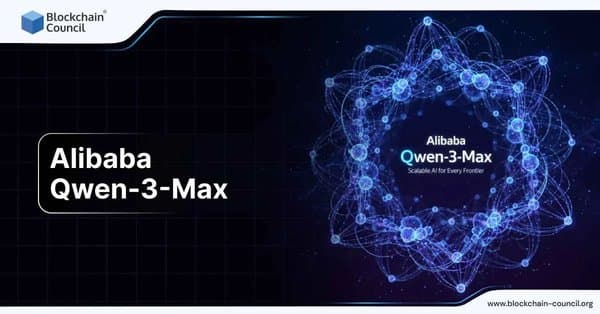 Futuristic digital network design surrounding text Alibaba Qwen-3-Max, symbolizing scalable artificial intelligence for multiple domains.