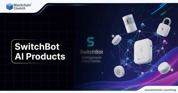 Smart devices connected in a digital network with SwitchBot branding, showcasing AI-powered products for home automation.