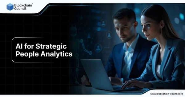 A team of professionals using AI-powered tools on a laptop, representing the application of AI in strategic people analytics.