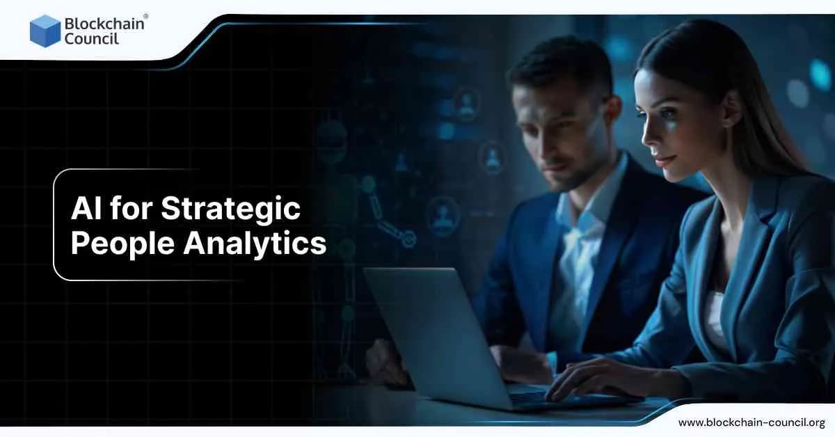 A team of professionals using AI-powered tools on a laptop, representing the application of AI in strategic people analytics.