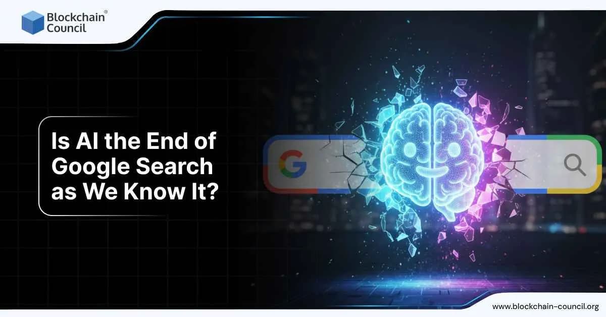 A digital illustration of a glowing AI brain breaking through a Google search bar, symbolizing the disruption of traditional search engines by artificial intelligence.