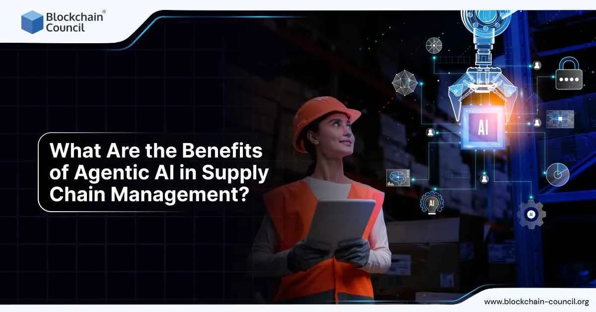 A female worker in a warehouse wearing an orange helmet holds a tablet while a robotic arm labeled “AI” processes logistics data, representing the efficiency of Agentic AI in supply chain management.