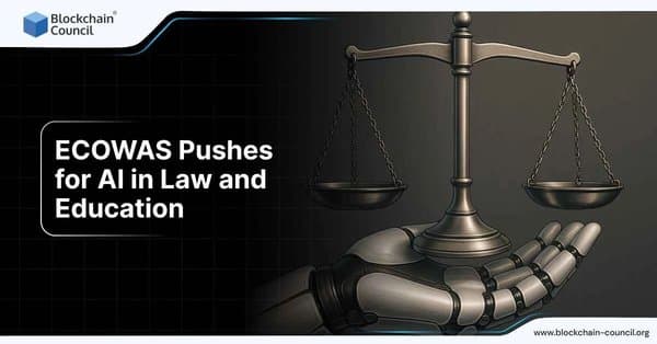 Robot hand holding justice scales with text 'ECOWAS Pushes for AI in Law and Education' and Blockchain Council logo.