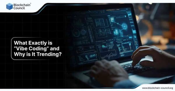 A person coding on a laptop surrounded by digital charts and data, exploring the concept of ‘Vibe Coding’ and its growing popularity in the tech world.