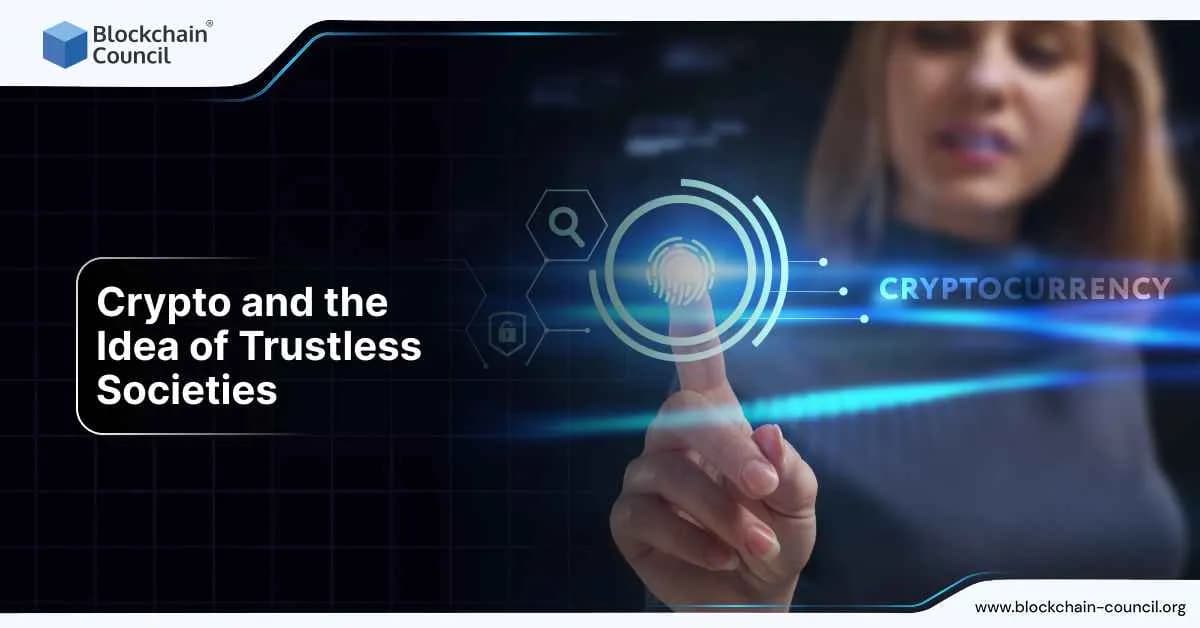 A woman touches a glowing fingerprint scanner interface labeled “Cryptocurrency,” symbolizing blockchain-enabled trustless systems.