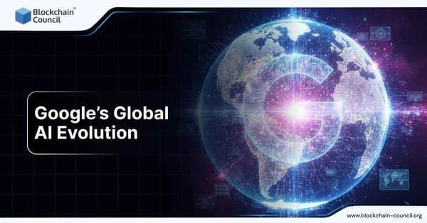 A glowing digital globe with a large transparent “G” symbol at its center, representing Google’s worldwide artificial intelligence expansion and innovation.