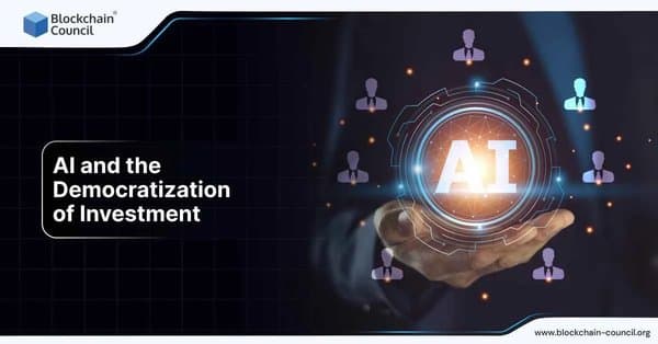 A professional holds a glowing holographic sphere labeled “AI,” surrounded by icons of people representing investors, symbolizing how Artificial Intelligence enables wider financial participation.