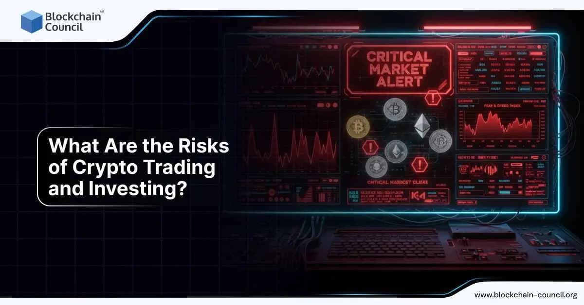 A futuristic market alert screen with crypto coin icons and fluctuating charts, highlighting the risks of crypto trading and investing.