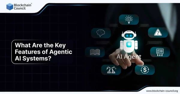 A hand points toward a glowing AI agent icon surrounded by symbols for automation, finance, innovation, and analytics, representing core features of Agentic AI systems.