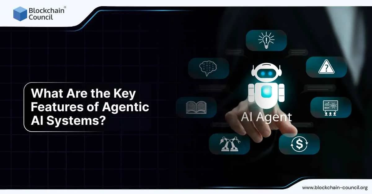 A hand points toward a glowing AI agent icon surrounded by symbols for automation, finance, innovation, and analytics, representing core features of Agentic AI systems.