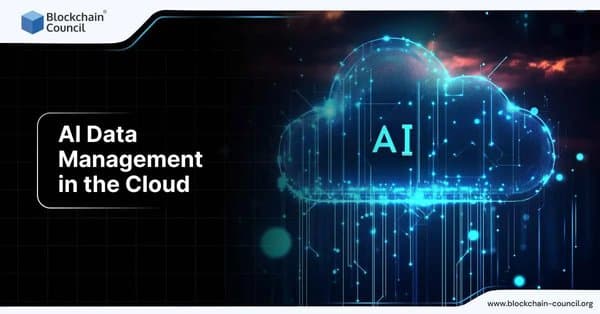 Image depicting a cloud symbol with digital elements and the text "AI Data Management in the Cloud" representing the use of AI for managing data in cloud environments.